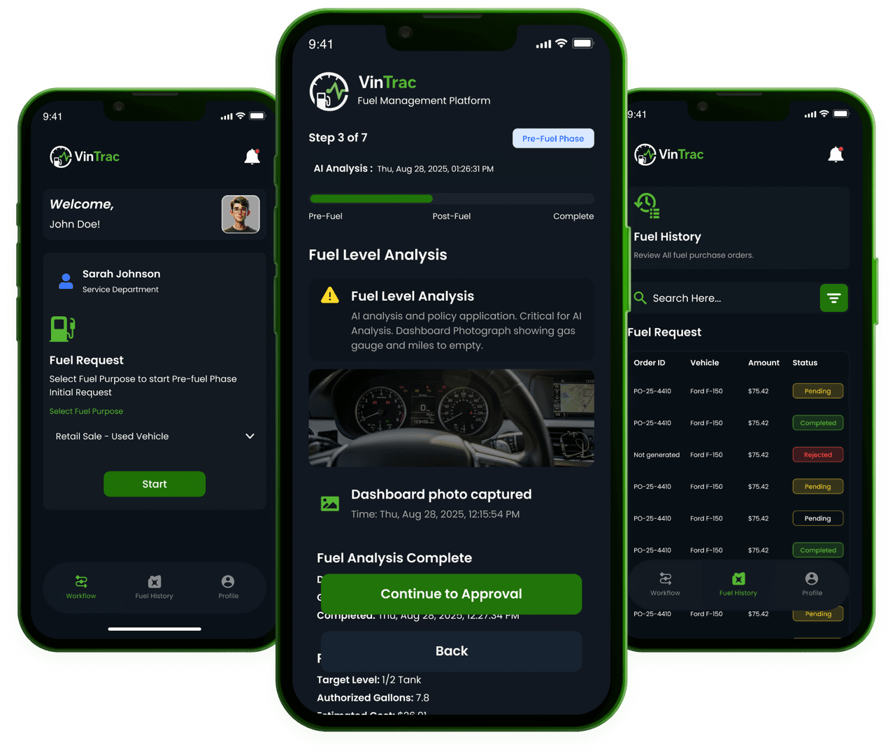 Vintrac mobile app showing fuel accountability tools